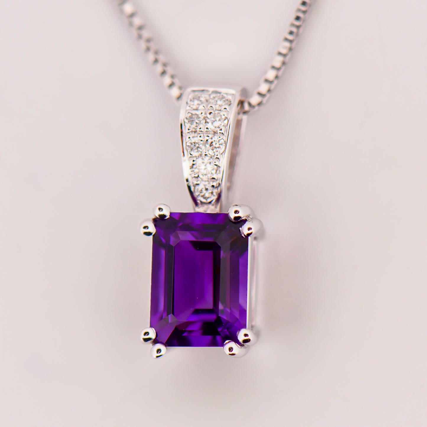 Emerald-Cut Amethyst & Diamond Pendant in White Gold