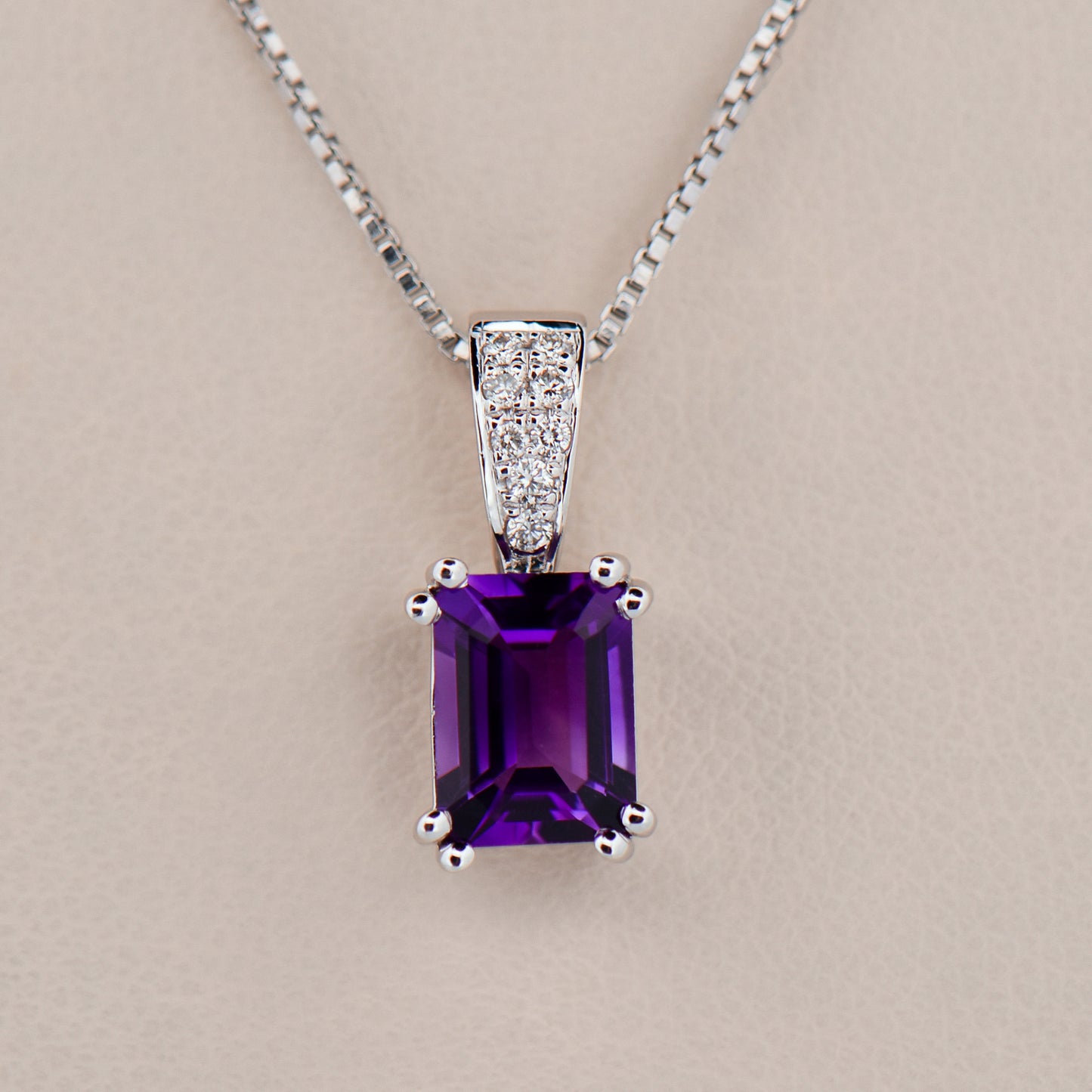 Emerald-Cut Amethyst & Diamond Pendant in White Gold