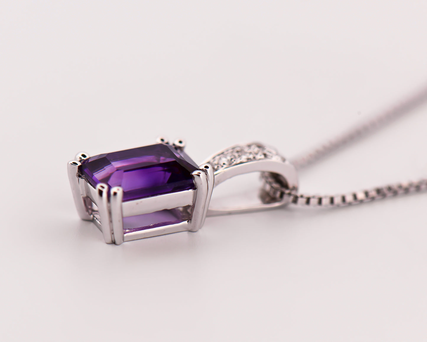Emerald-Cut Amethyst & Diamond Pendant in White Gold