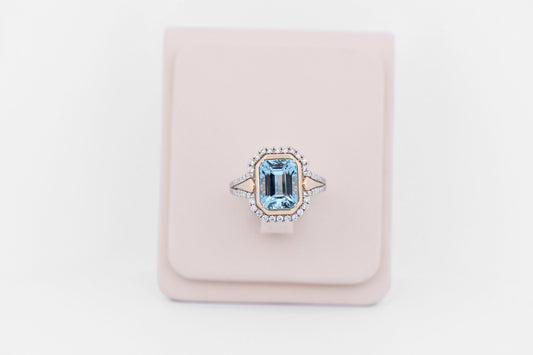 Emerald Cut Aquamarine & Diamond Engagement Ring in Two-Tone Gold