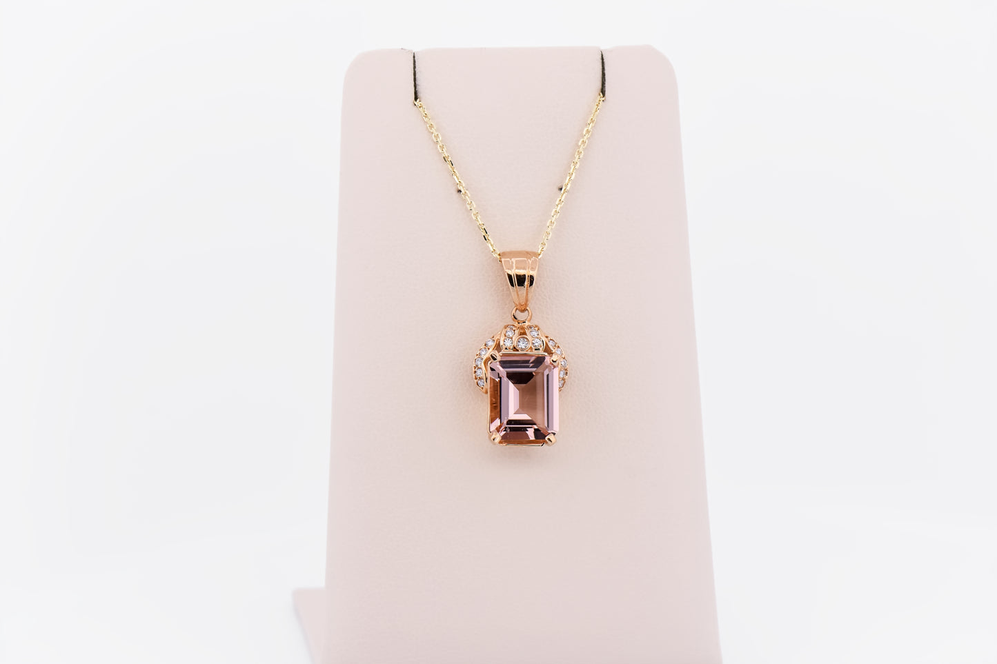 Emerald Cut Morganite & Diamond Pendant in Yellow Gold