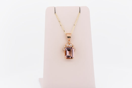 Emerald Cut Morganite & Diamond Pendant in Yellow Gold