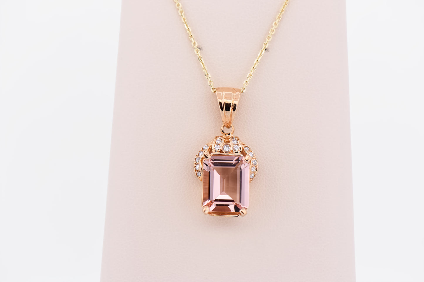 Emerald Cut Morganite & Diamond Pendant in Yellow Gold