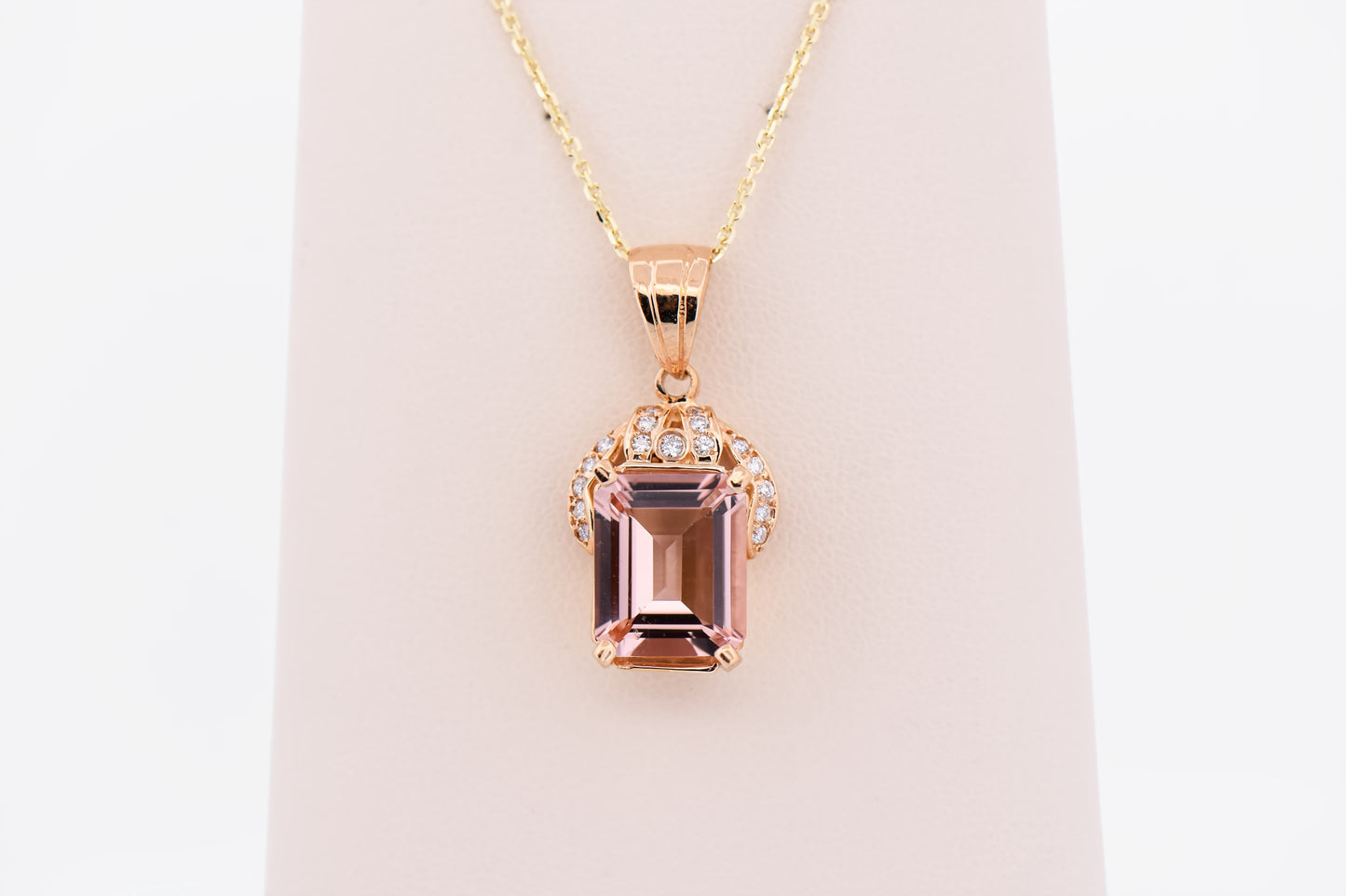 Emerald Cut Morganite & Diamond Pendant in Yellow Gold