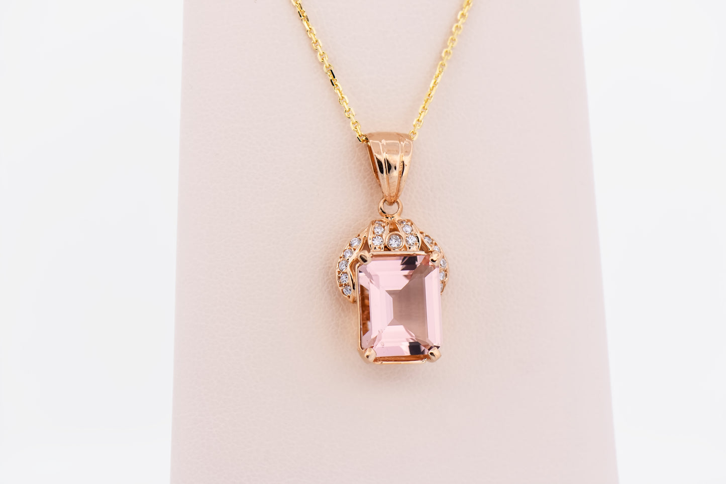 Emerald Cut Morganite & Diamond Pendant in Yellow Gold