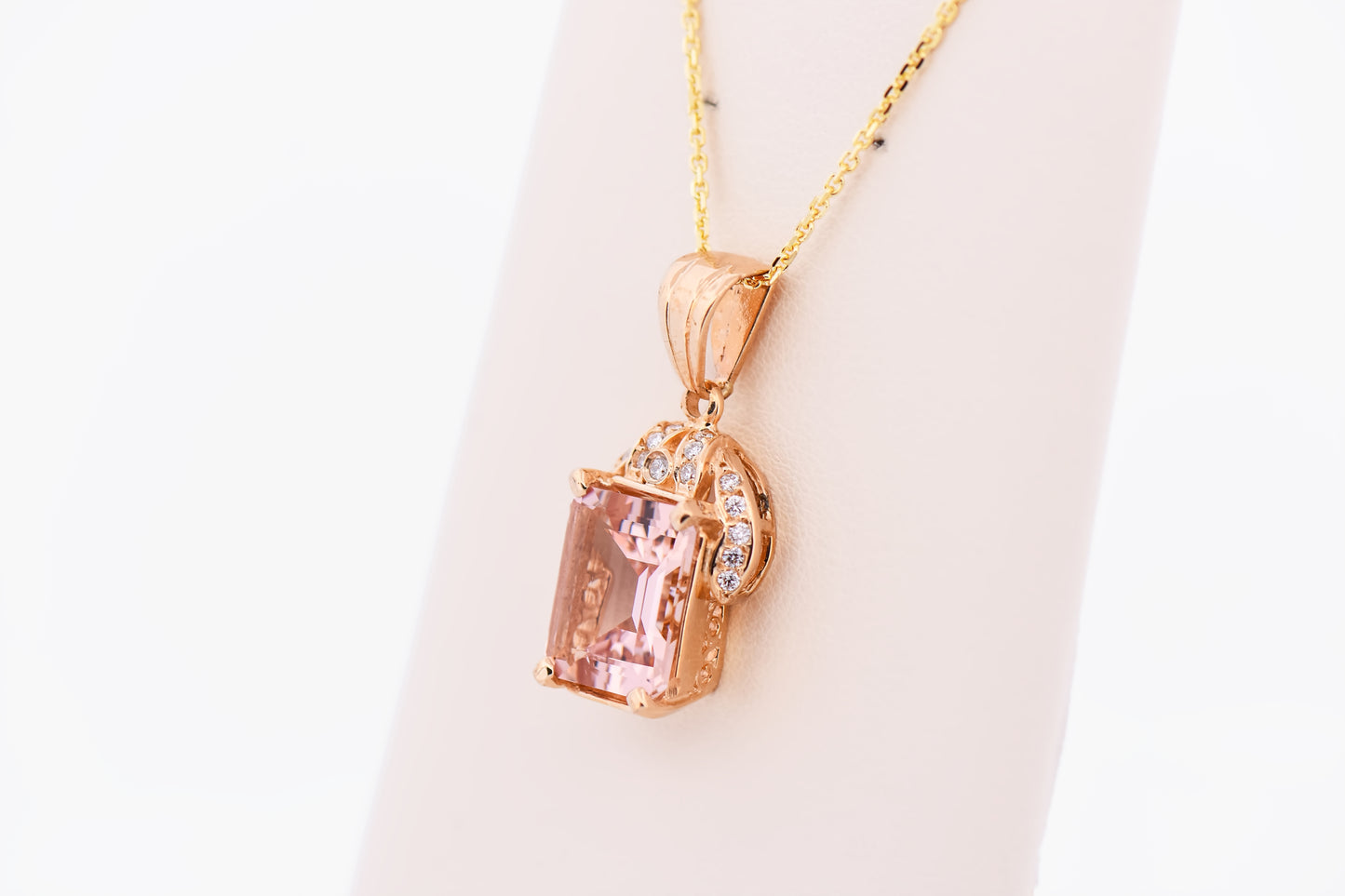 Emerald Cut Morganite & Diamond Pendant in Yellow Gold