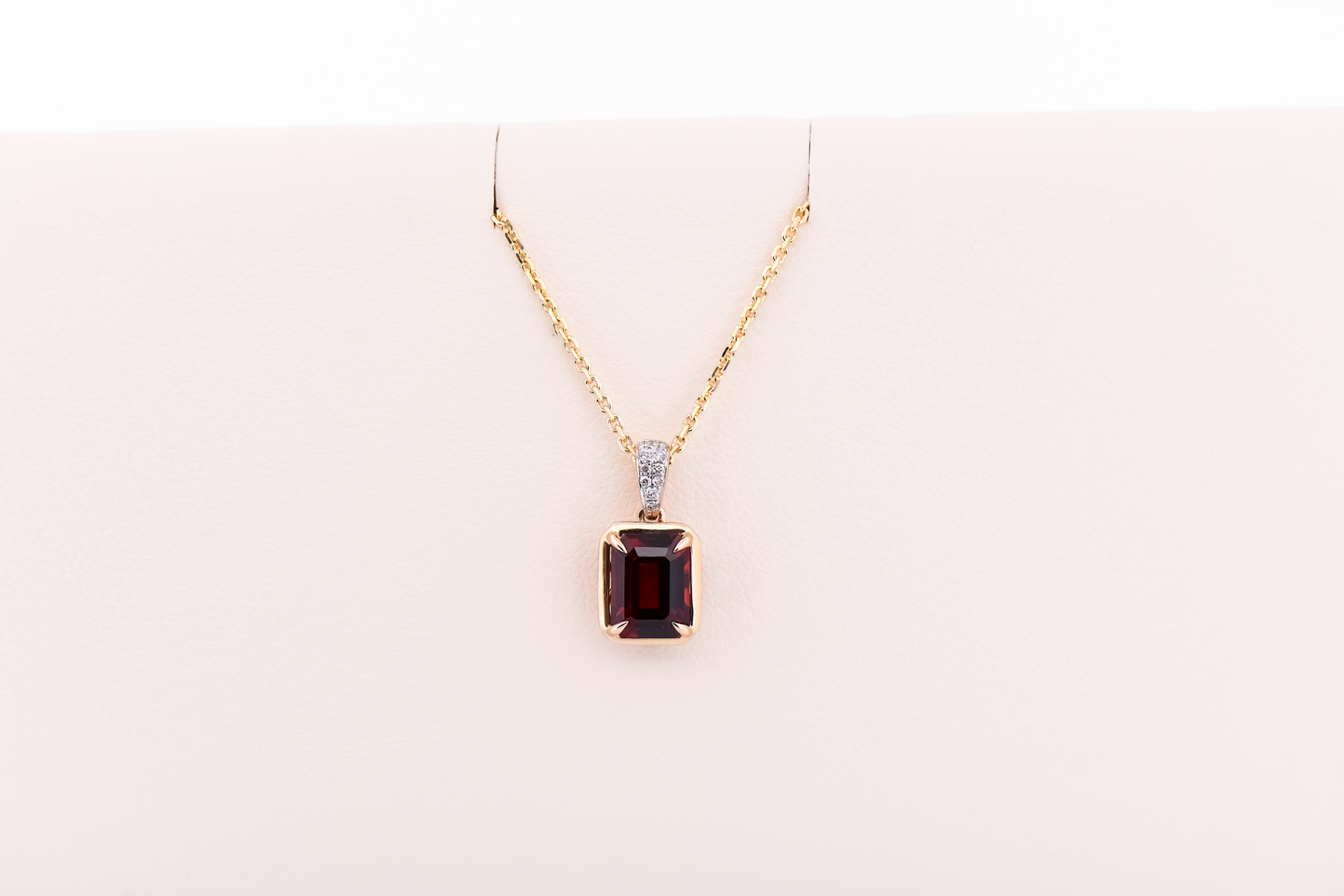 Emerald Cut Red Garnet Pendant with Diamond Bail