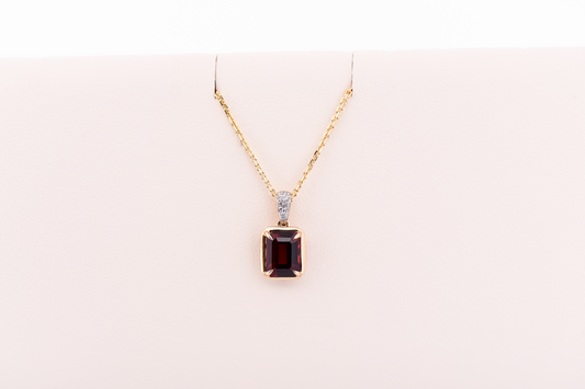Emerald Cut Red Garnet Pendant with Diamond Bail
