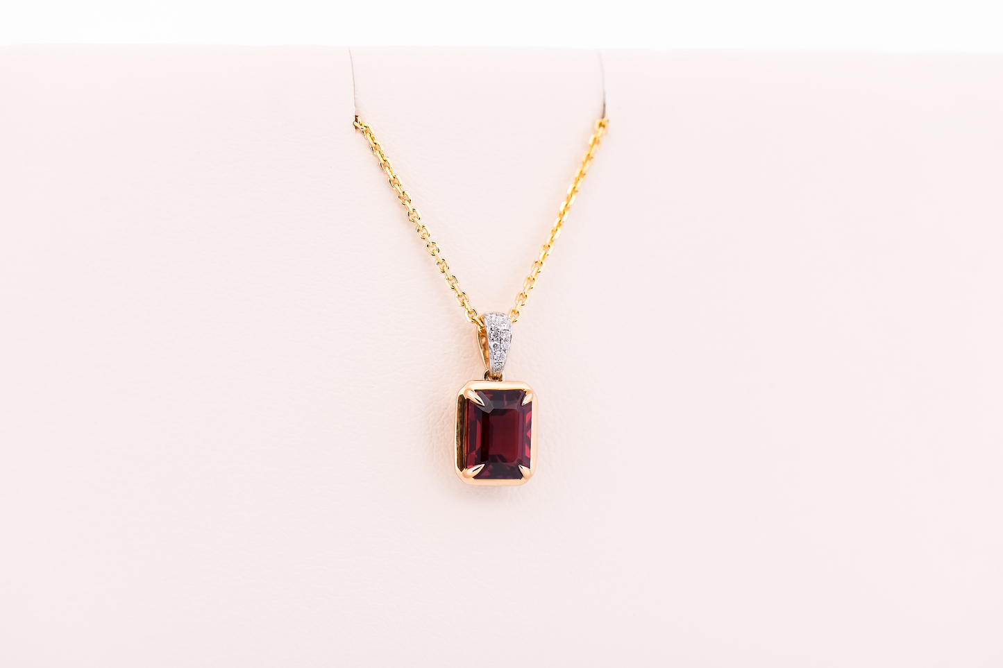 Emerald Cut Red Garnet Pendant with Diamond Bail