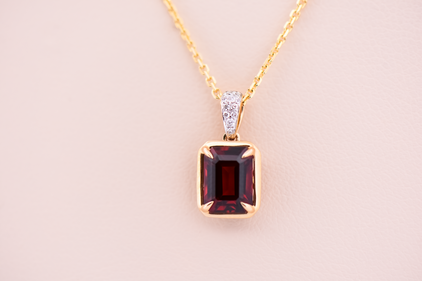 Emerald Cut Red Garnet Pendant with Diamond Bail