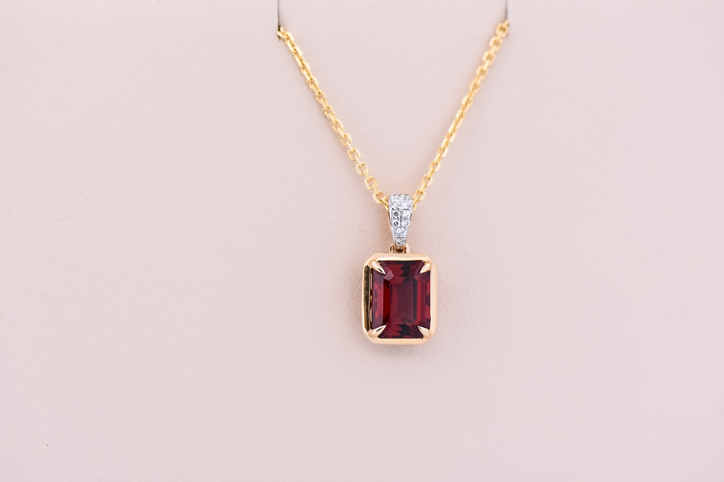 Emerald Cut Red Garnet Pendant with Diamond Bail