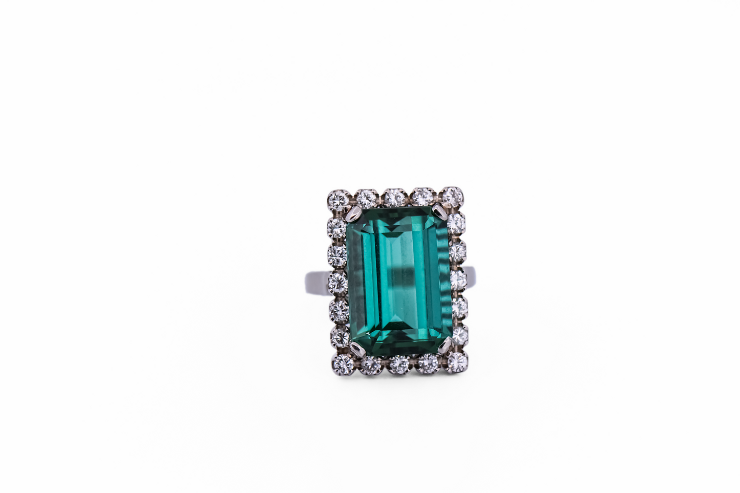 Emerald-Cut Teal Tourmaline Cocktail Ring with Diamond Halo - Rare Neon Blue Green Hue