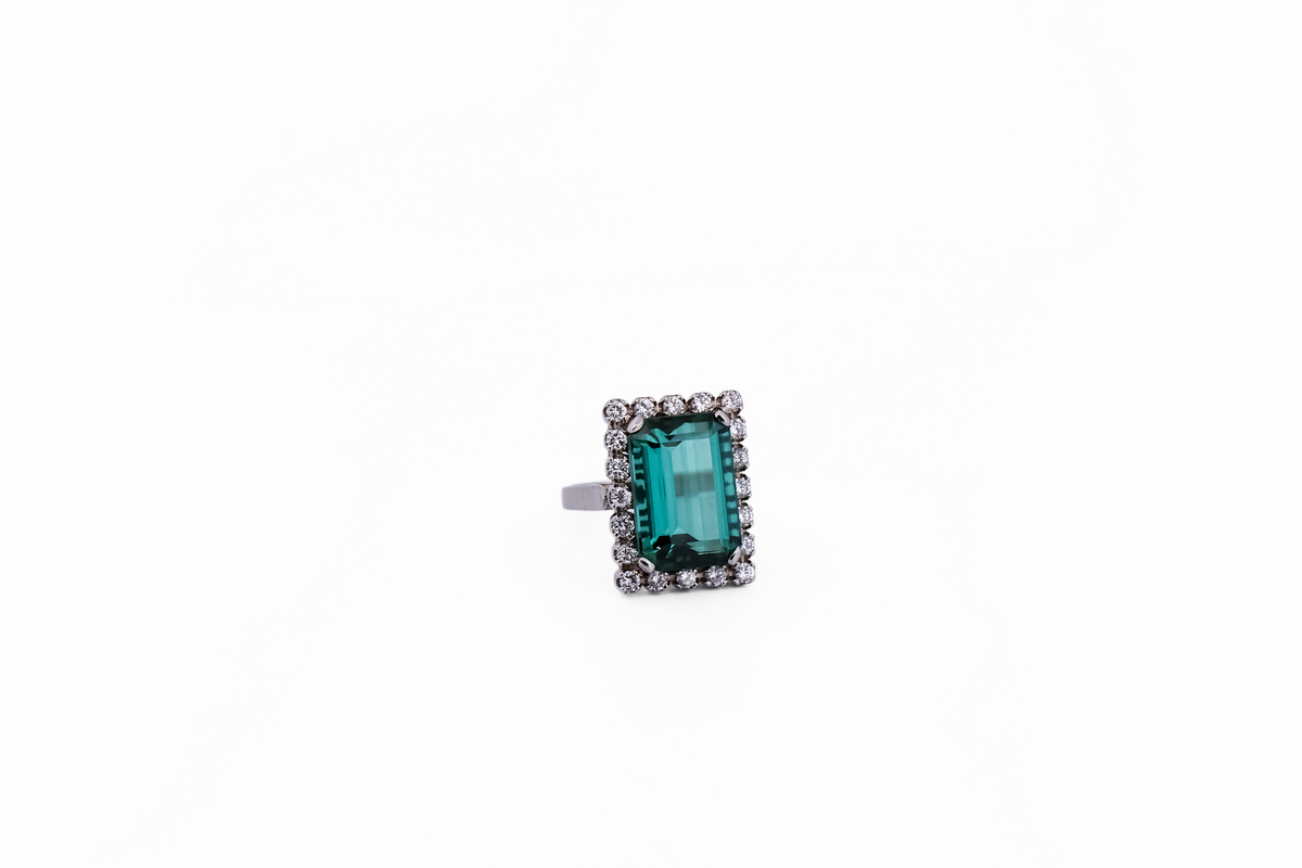 Emerald-Cut Teal Tourmaline Cocktail Ring with Diamond Halo - Rare Neon Blue Green Hue