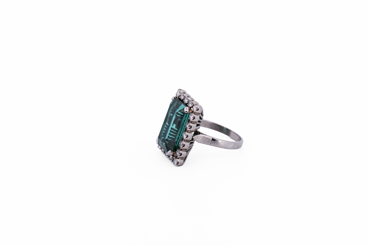 Emerald-Cut Teal Tourmaline Cocktail Ring with Diamond Halo - Rare Neon Blue Green Hue