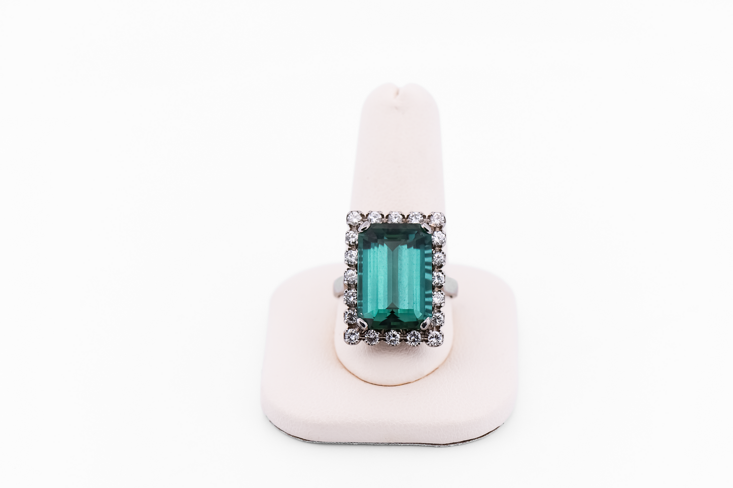 Emerald-Cut Teal Tourmaline Cocktail Ring with Diamond Halo - Rare Neon Blue Green Hue