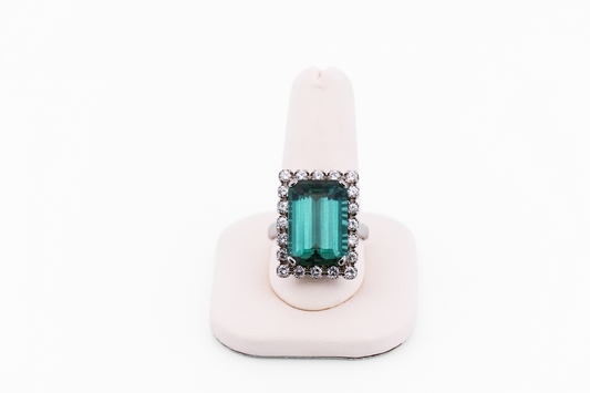 Emerald-Cut Teal Tourmaline Cocktail Ring with Diamond Halo - Rare Neon Blue Green Hue