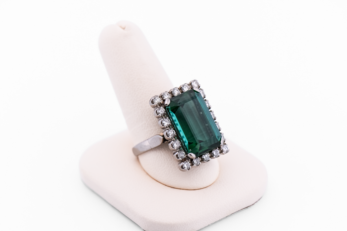 Emerald-Cut Teal Tourmaline Cocktail Ring with Diamond Halo - Rare Neon Blue Green Hue