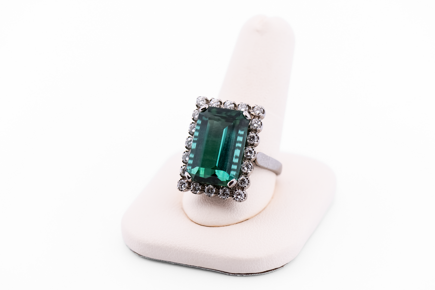 Emerald-Cut Teal Tourmaline Cocktail Ring with Diamond Halo - Rare Neon Blue Green Hue