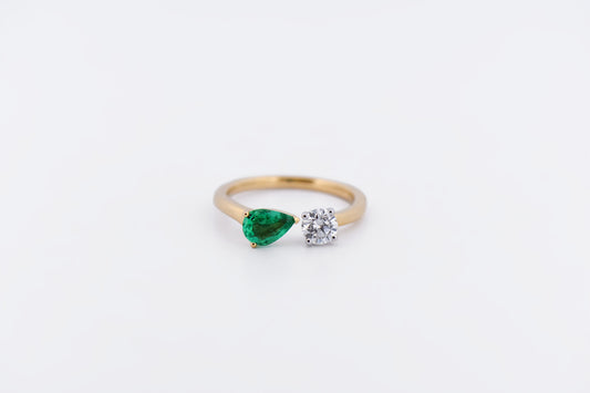 Emerald & Diamond Two Stone Ring in 18k - Toi et Moi Style