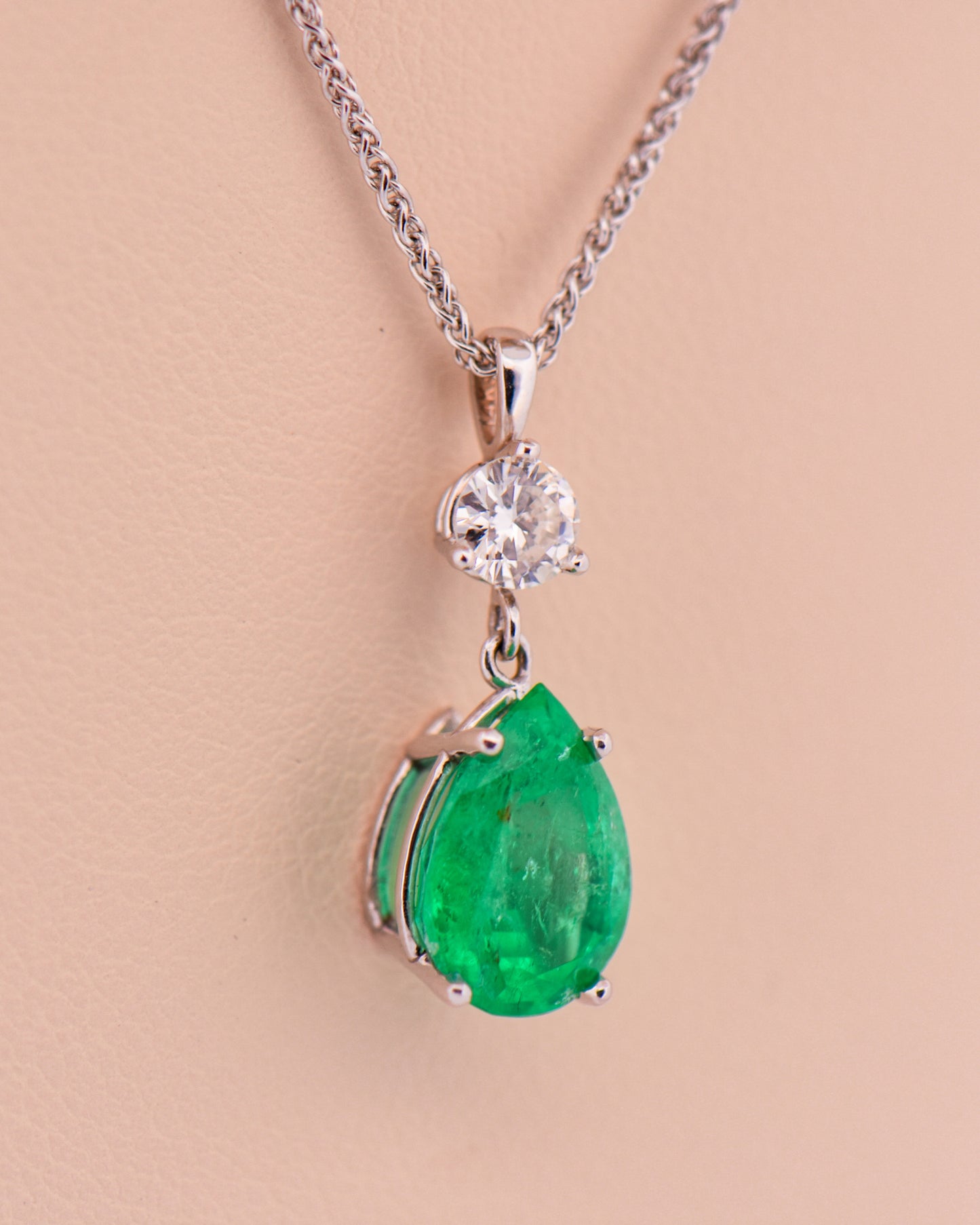 Natural 2ct Pear Emerald & Diamond Drop Pendant