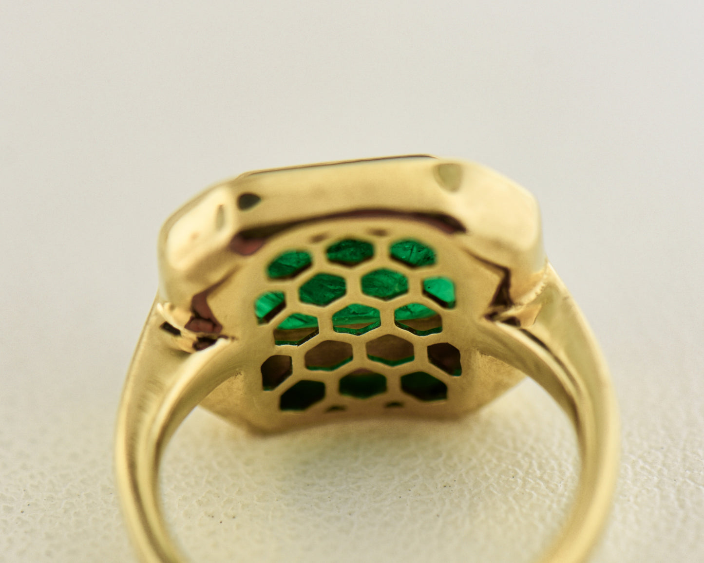 Bezel Set Gold Ring with Emerald & Black Enamel