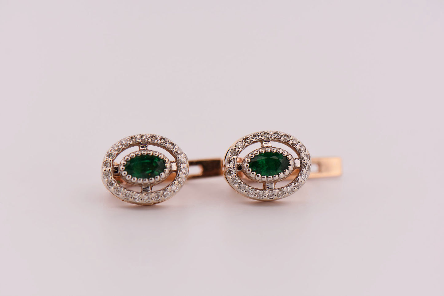 Emerald and Diamond Halo Earrings in Two-Tone Gold