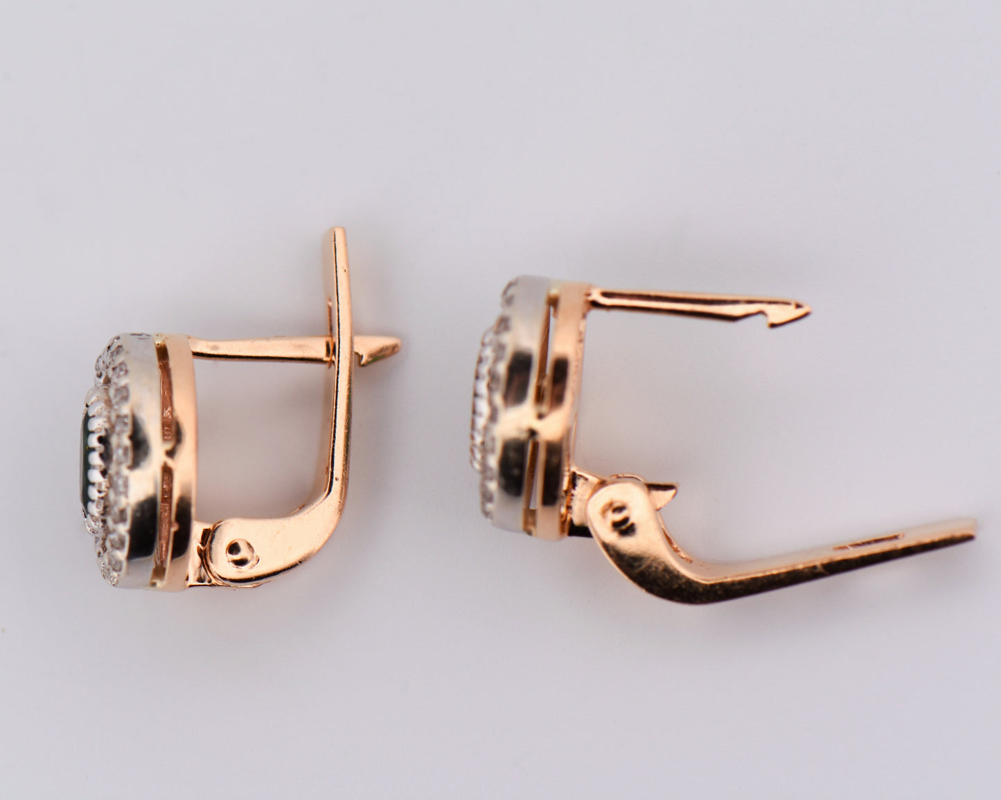 Emerald and Diamond Halo Earrings in Two-Tone Gold