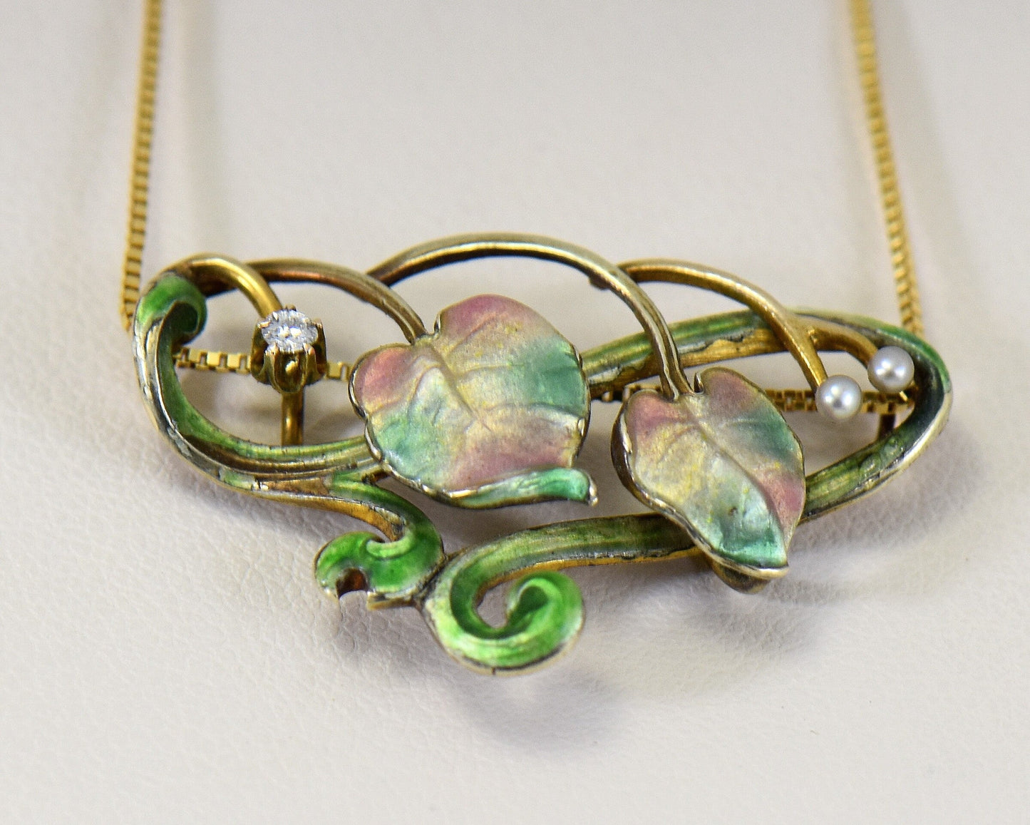 Art Nouveau Floral Enamel Pearl & Diamond Necklace