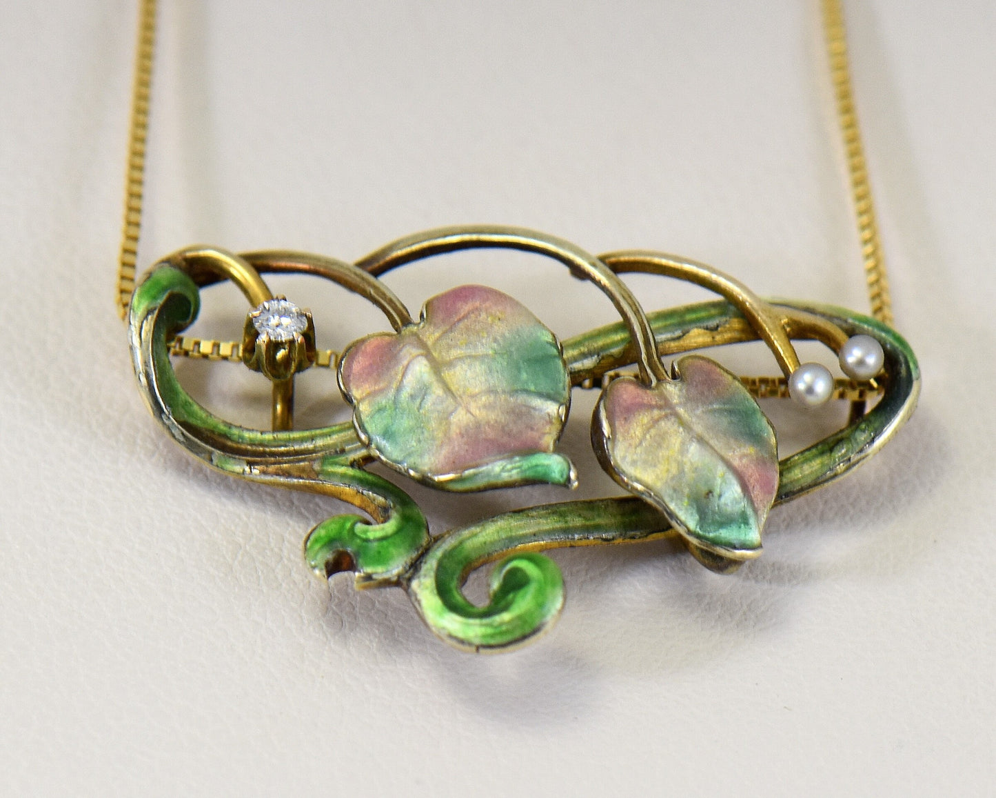 Art Nouveau Floral Enamel Pearl & Diamond Necklace