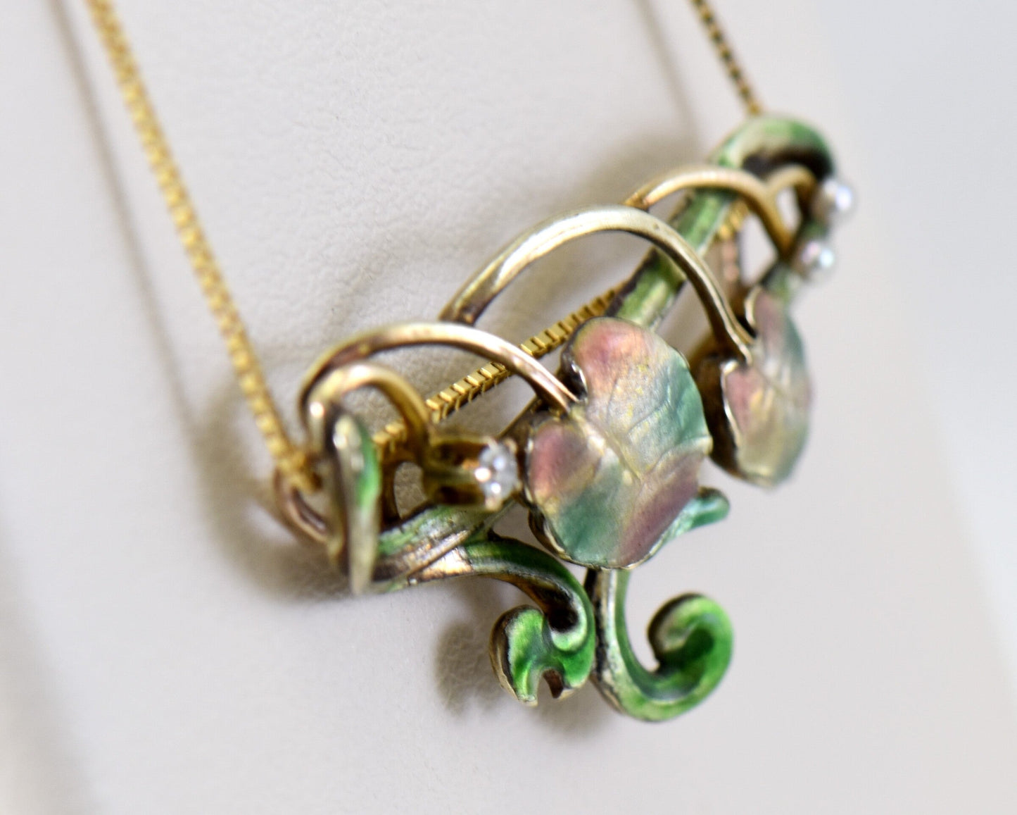 Art Nouveau Floral Enamel Pearl & Diamond Necklace