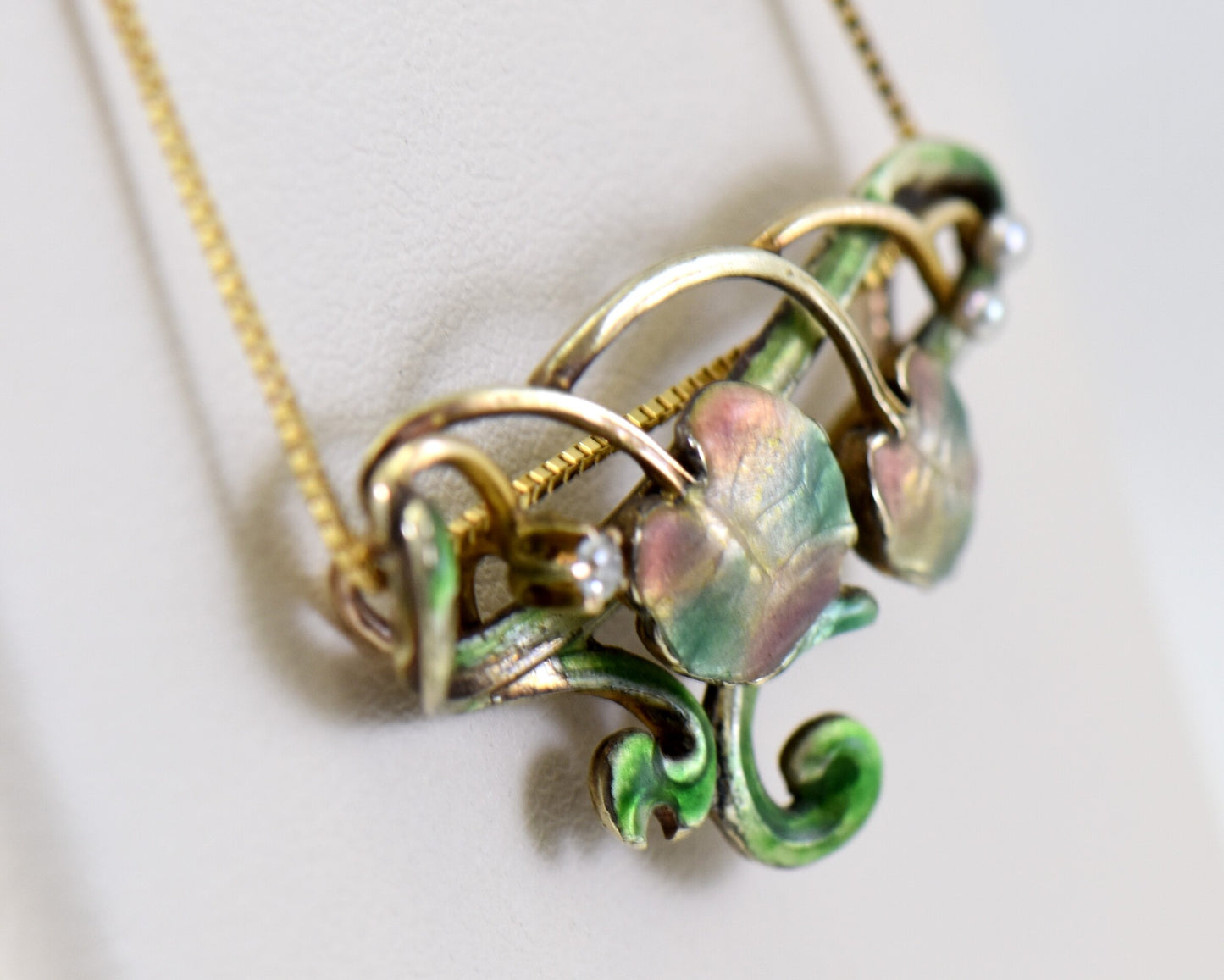 Art Nouveau Floral Enamel Pearl & Diamond Necklace