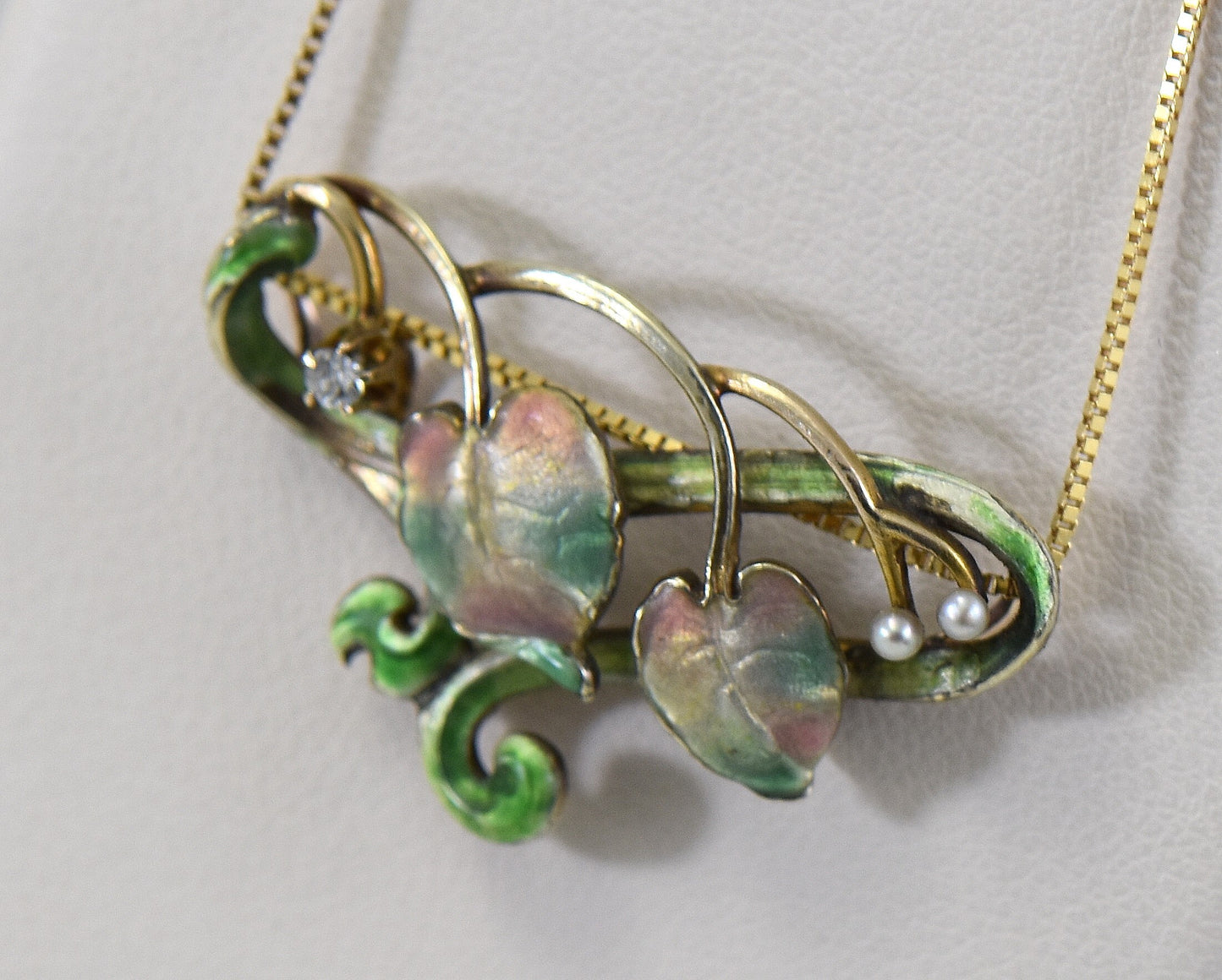 Art Nouveau Floral Enamel Pearl & Diamond Necklace