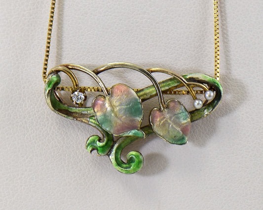 Art Nouveau Floral Enamel Pearl & Diamond Necklace