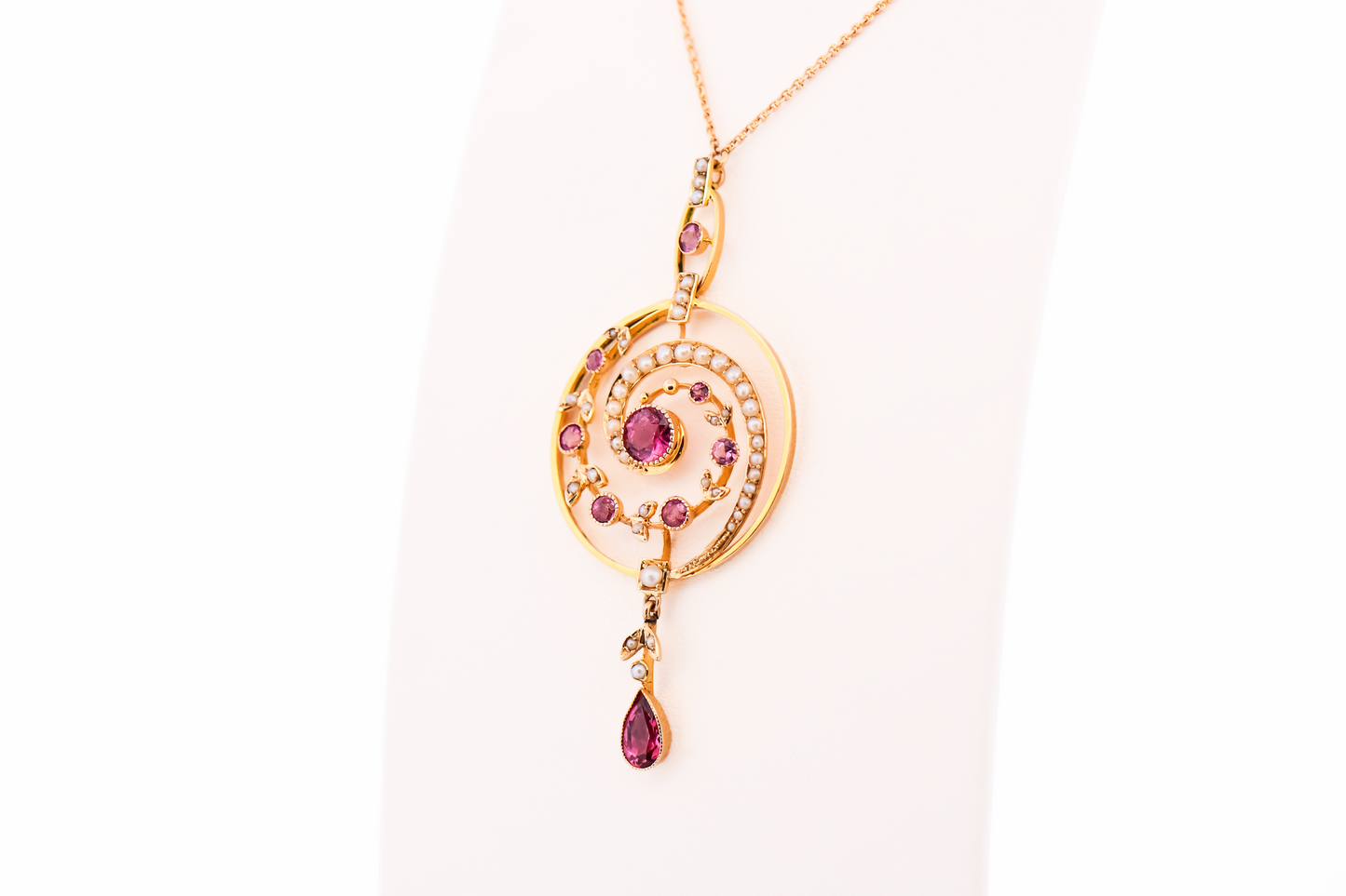 Enchanting Edwardian Pink Tourmaline & Seed Pearl Swirl Lavalier in 15k