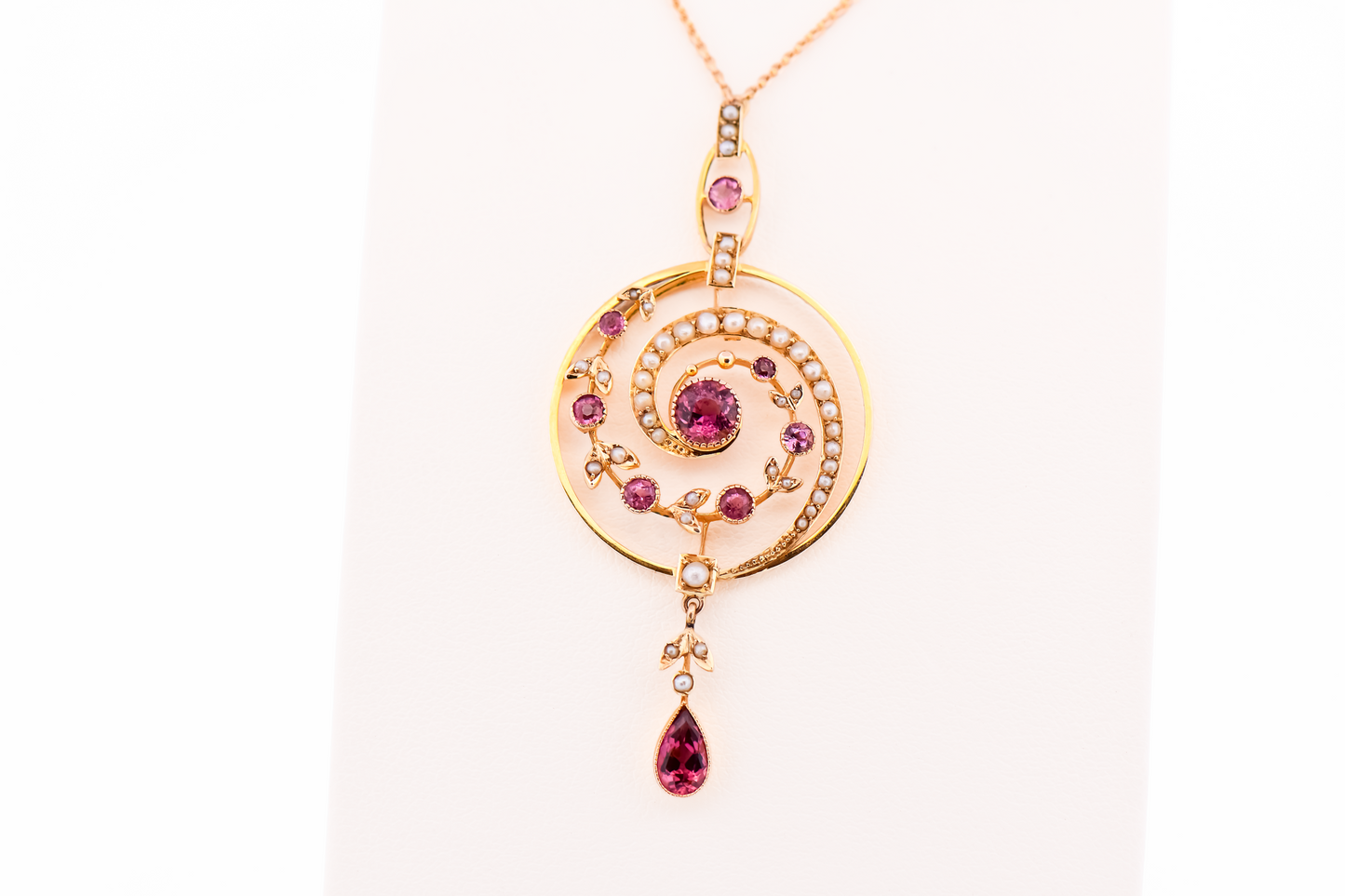 Enchanting Edwardian Pink Tourmaline & Seed Pearl Swirl Lavalier in 15k