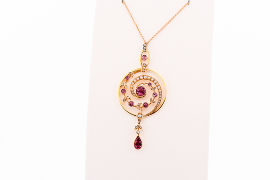 Enchanting Edwardian Pink Tourmaline & Seed Pearl Swirl Lavalier in 15k