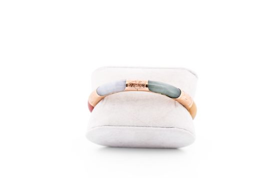 Estate 14k Yellow Gold Bangle Bracelet with Multicolor Jade Inlay