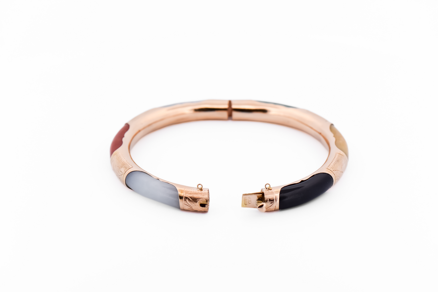 Estate 14k Yellow Gold Bangle Bracelet with Multicolor Jade Inlay