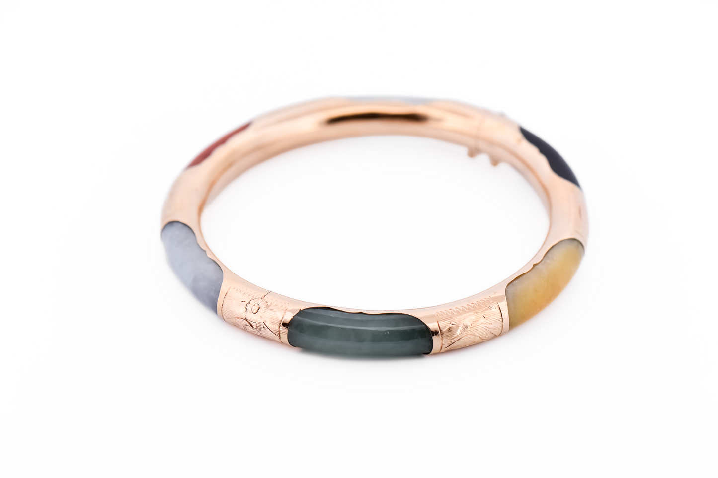 Estate 14k Yellow Gold Bangle Bracelet with Multicolor Jade Inlay