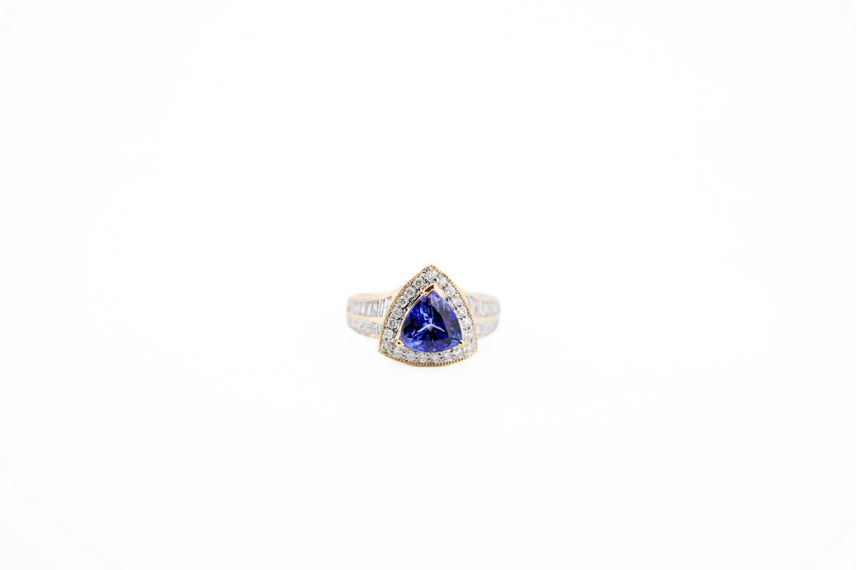 Estate AAA Trillion Tanzanite & Diamond Halo Ring in Yellow Gold