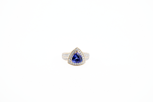 Estate AAA Trillion Tanzanite & Diamond Halo Ring in Yellow Gold