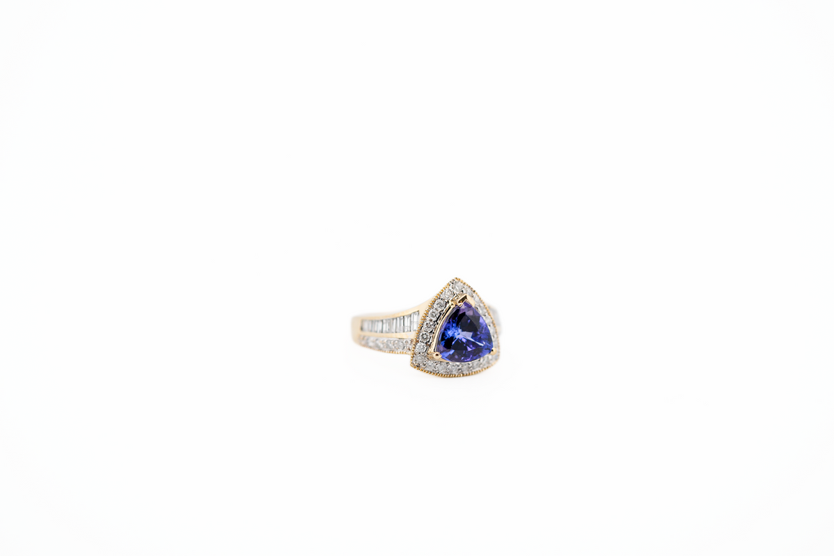 Estate AAA Trillion Tanzanite & Diamond Halo Ring in Yellow Gold
