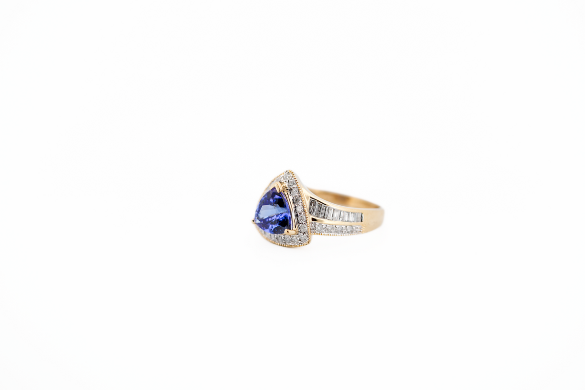 Estate AAA Trillion Tanzanite & Diamond Halo Ring in Yellow Gold