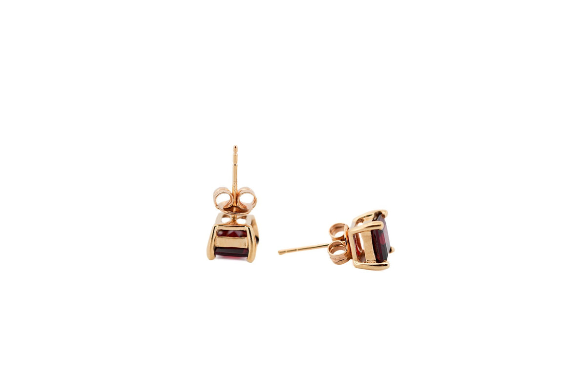 Estate Asscher-Cut Garnet Stud Earrings in Yellow Gold