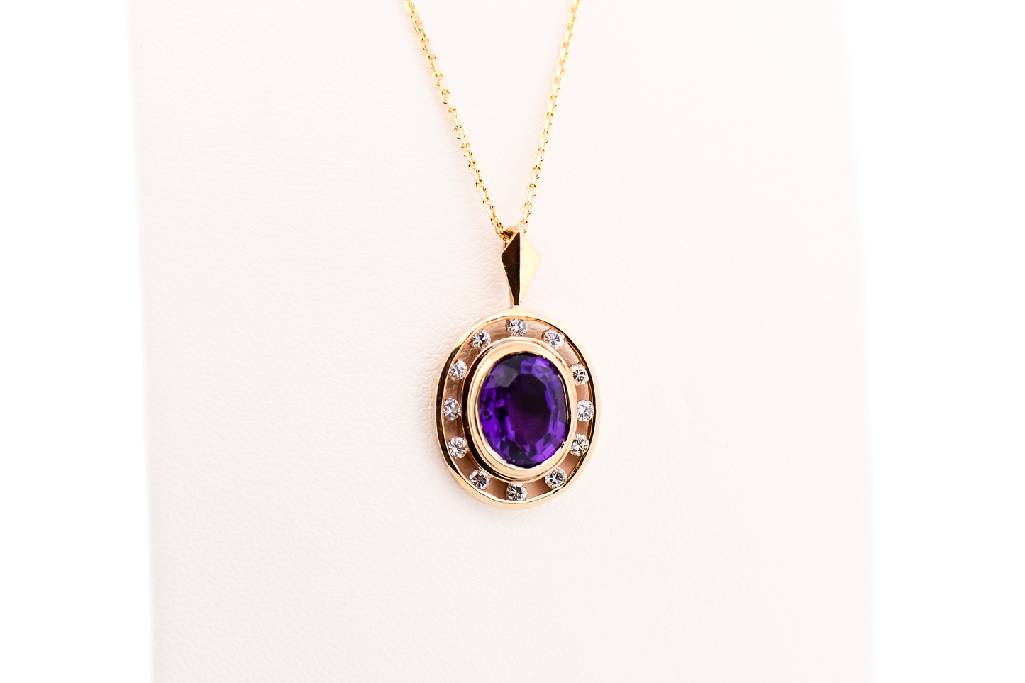 Estate Bezel Set Amethyst & Diamond Pendant in Yellow Gold