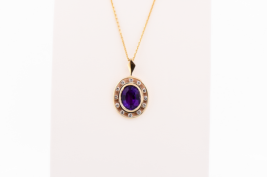 Estate Bezel Set Amethyst & Diamond Pendant in Yellow Gold