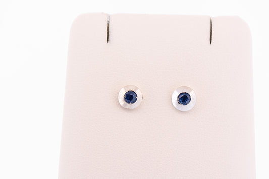 Estate Bezel Set Blue Sapphire Stud Earrings in 14k White Gold