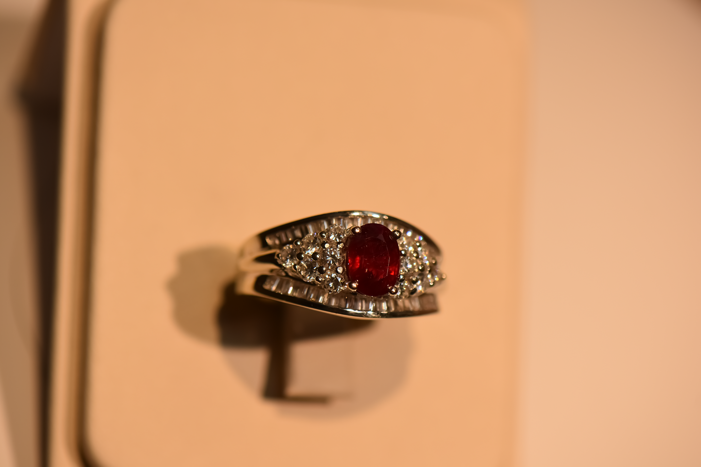Estate Blood Red Ruby & Diamond Ring in Wide White Gold Setting