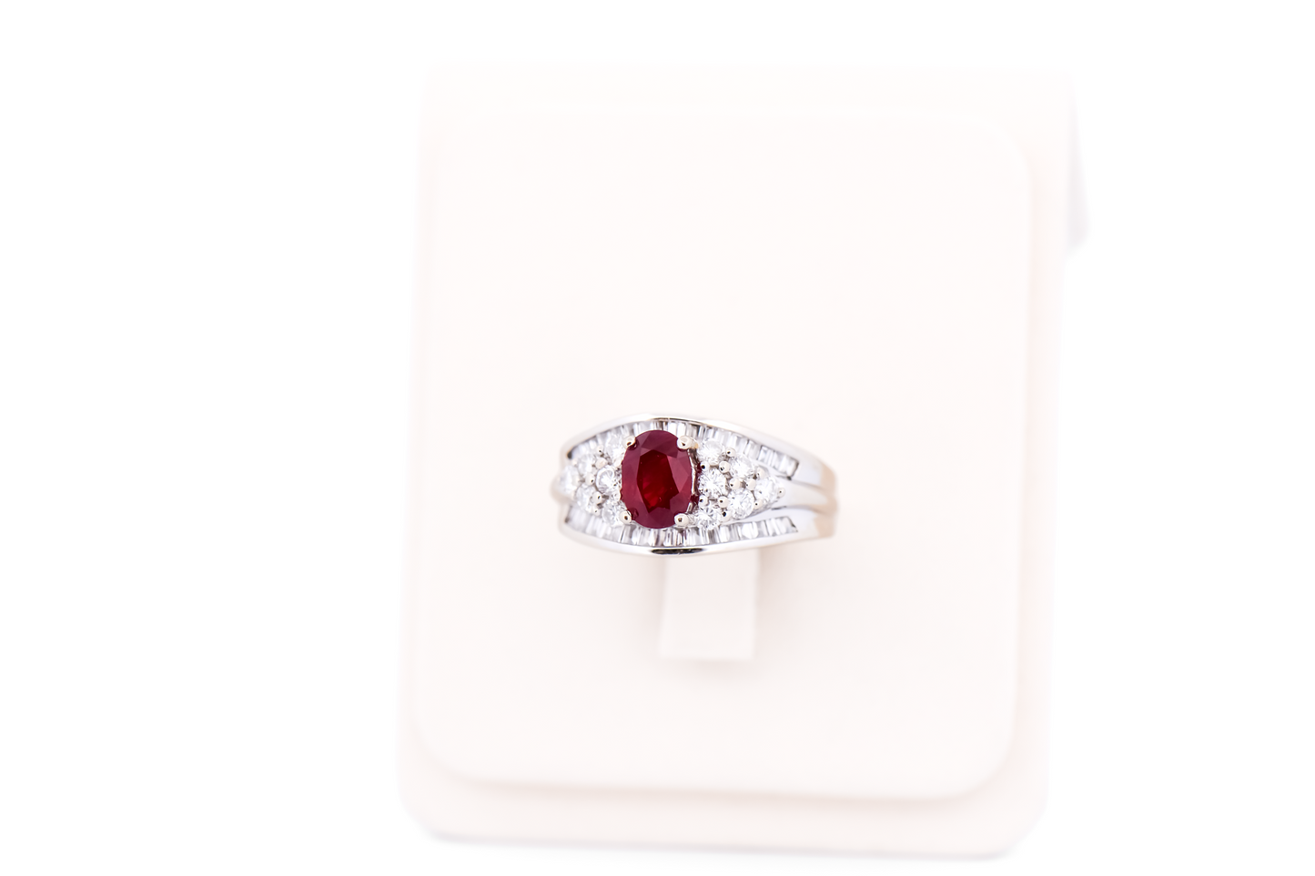 Estate Blood Red Ruby & Diamond Ring in Wide White Gold Setting