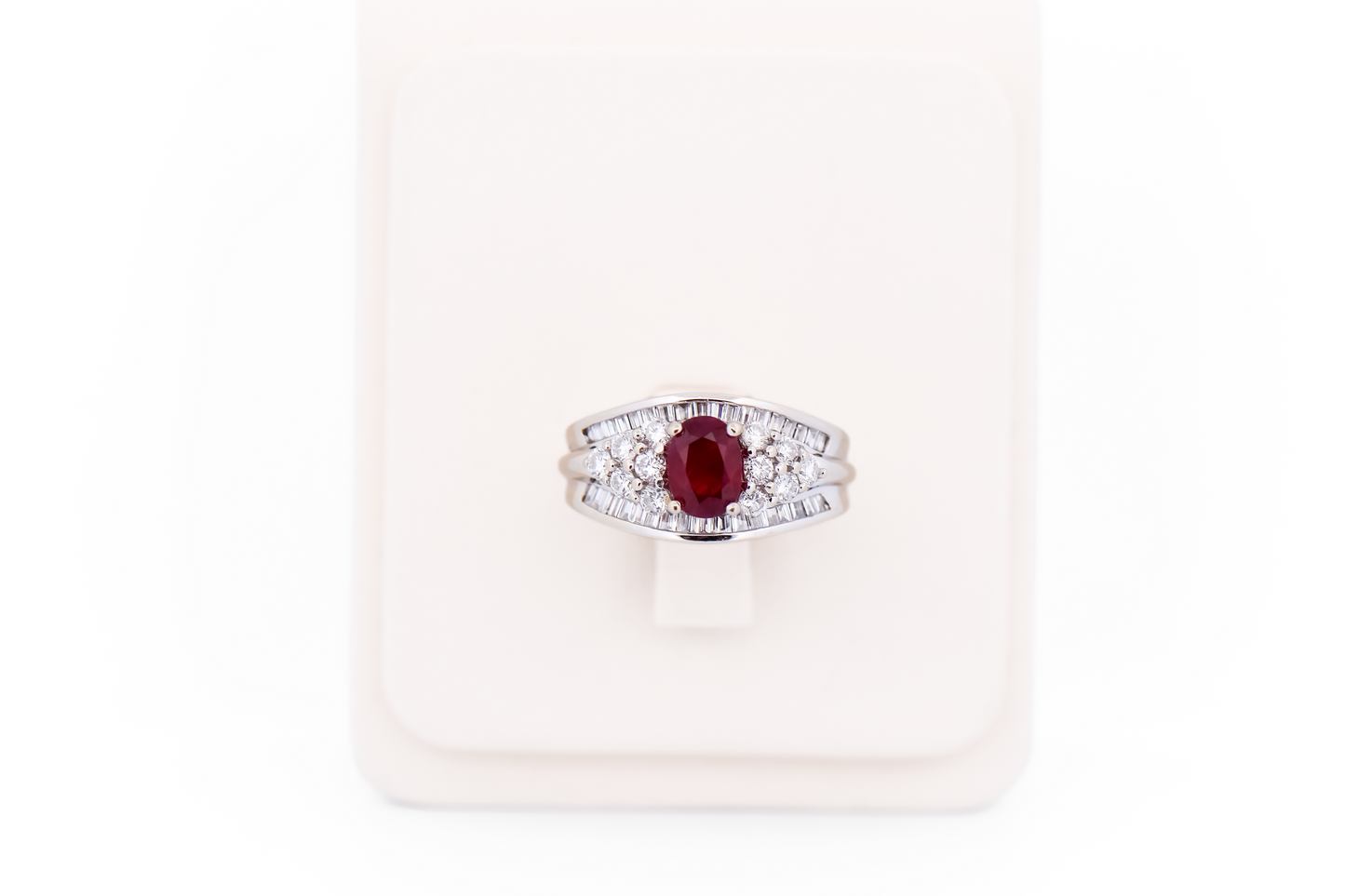 Estate Blood Red Ruby & Diamond Ring in Wide White Gold Setting